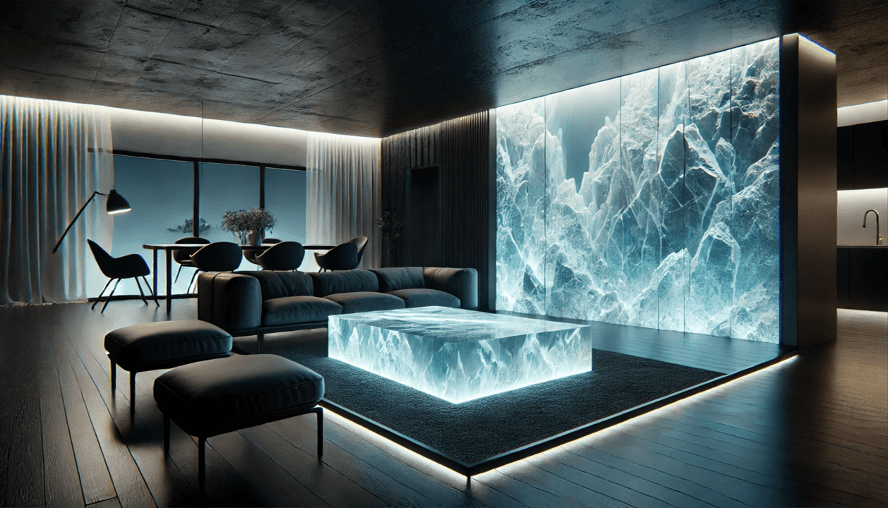 Modern living room with illuminated ice-themed decor and minimalist furniture.