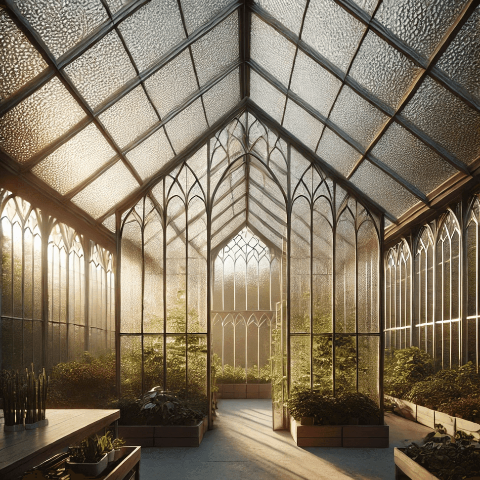 Sunlit interior of a greenhouse with large glass windows and various plants in wooden planters.