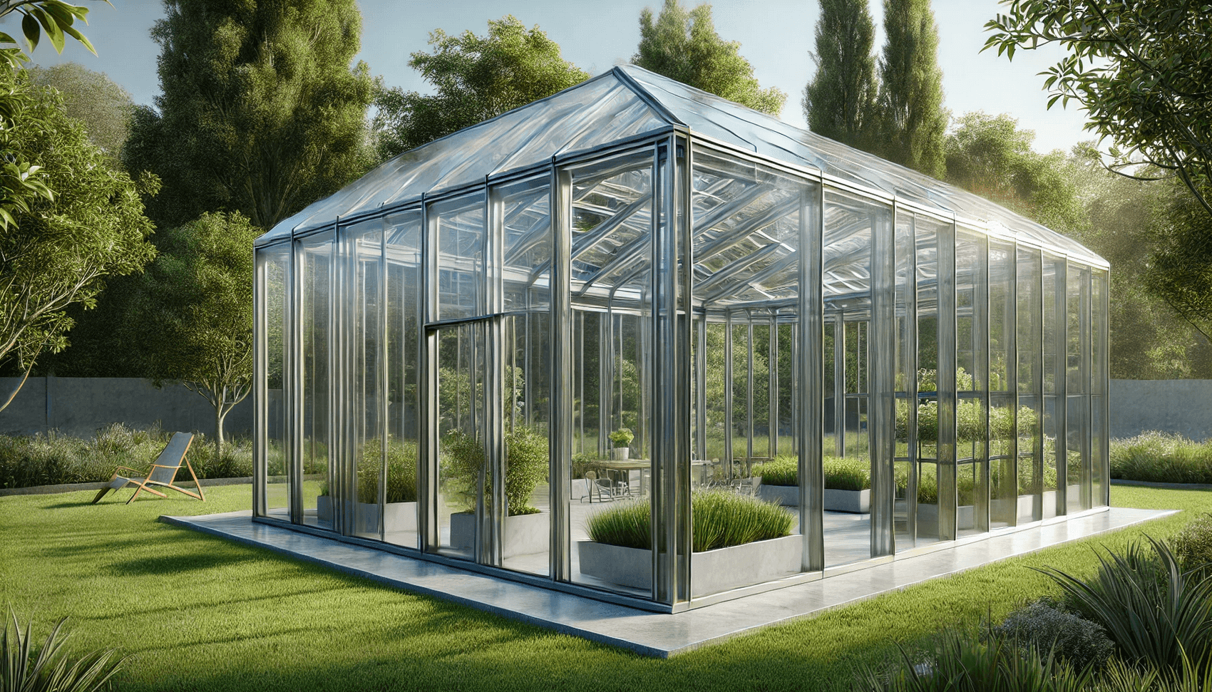 Modern glass greenhouse surrounded by lush greenery with an open door and plants in containers inside.