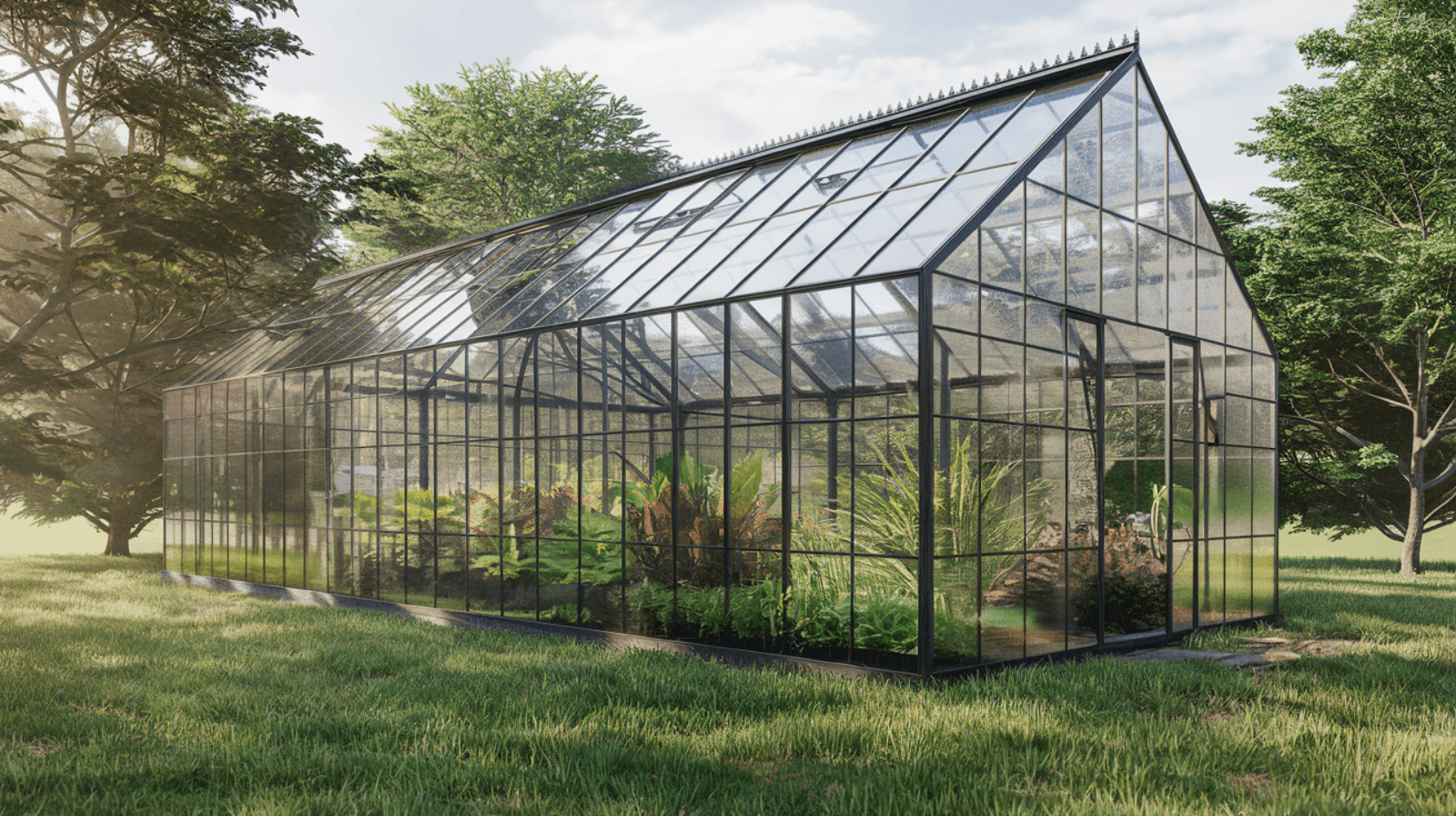 Large glass greenhouse filled with various plants, situated in a lush green garden surrounded by trees.