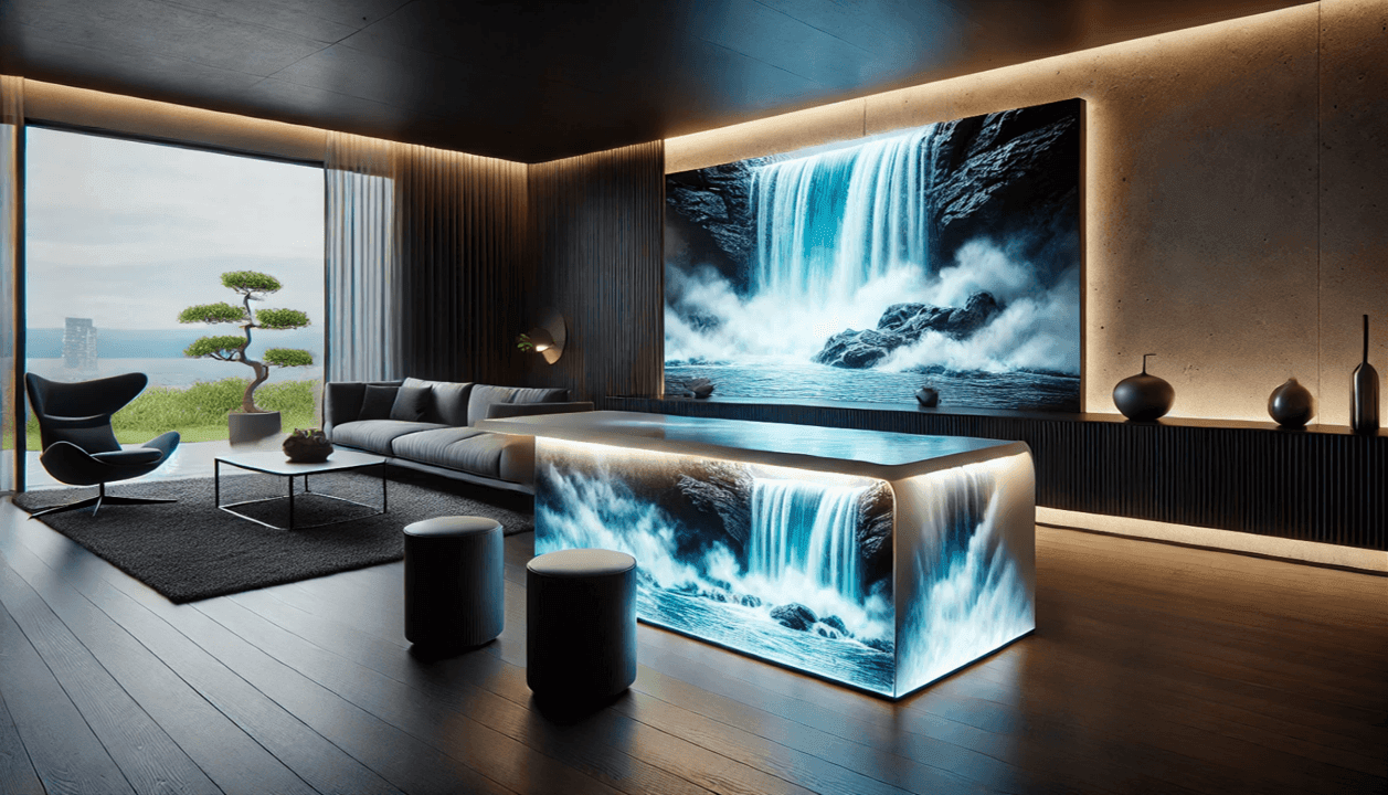 Modern living room with waterfall artwork and large window overlooking a garden.