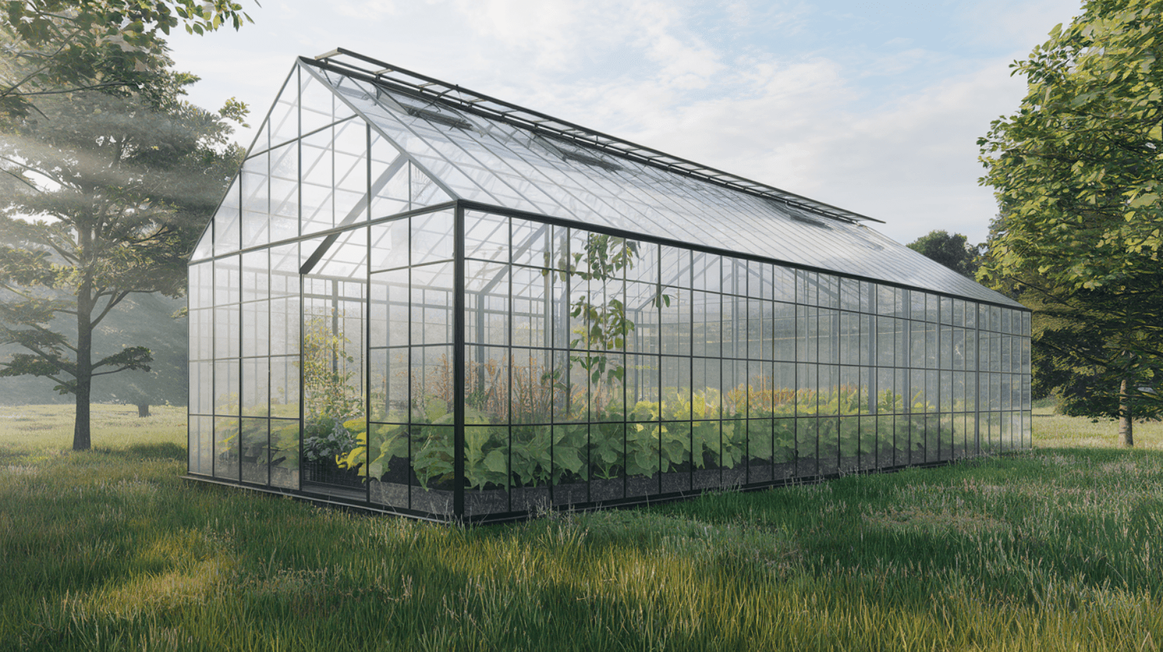 Transparent greenhouse in a grassy field with various plants growing inside and trees visible in the background.