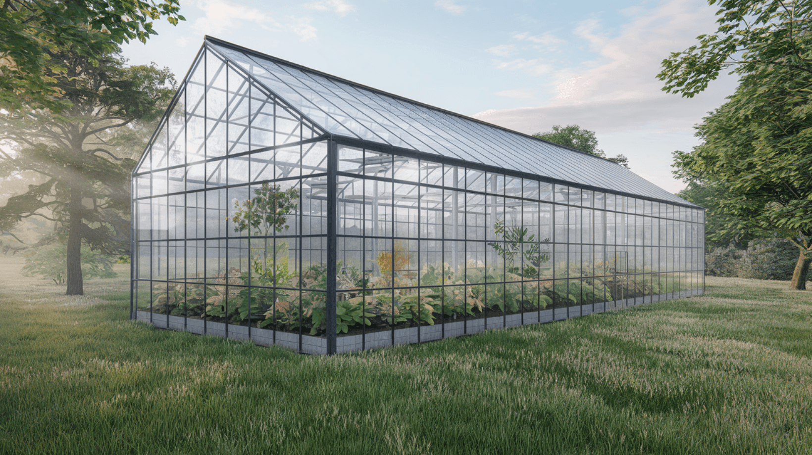 Large glass greenhouse filled with plants, surrounded by green grass and trees on a sunny day.